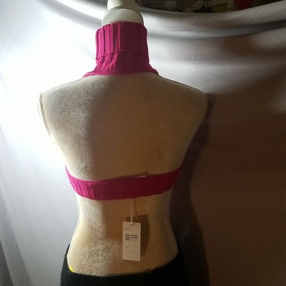 Daisy Slit Halter Turtleneck Sweater Top NWT Ribbed, Sexy, Open Front, Black, Pi - Picture 4 of 16